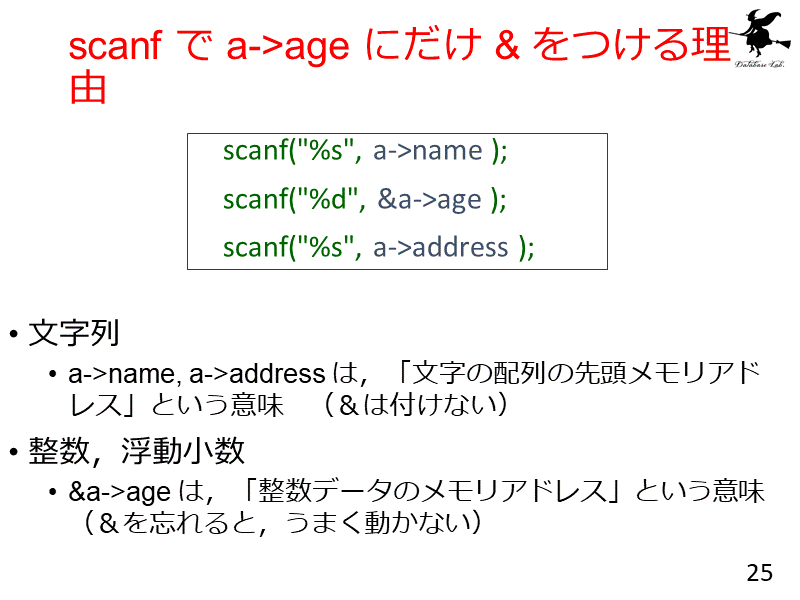 scanf で a->age にだけ & をつける理由