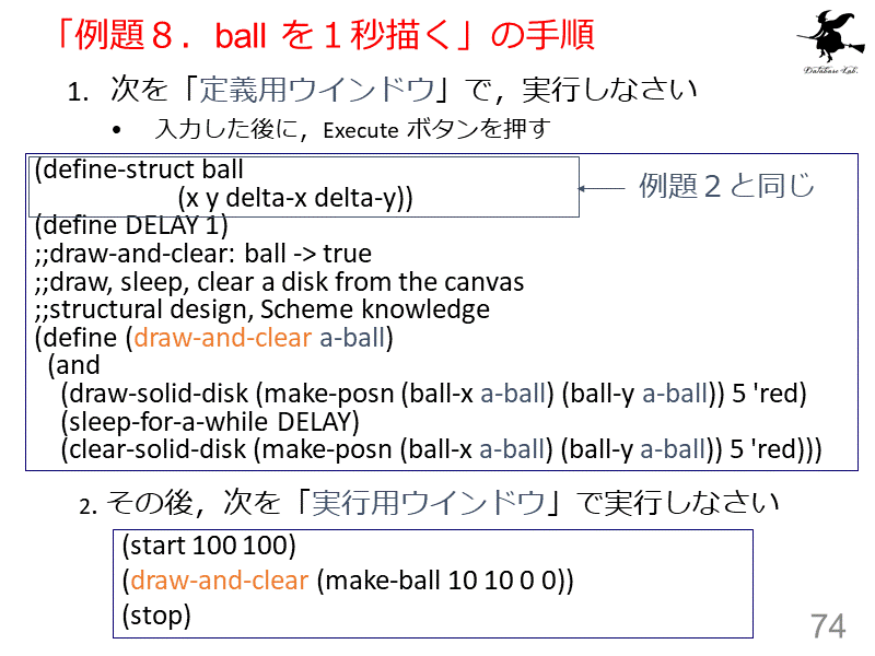 「例題８．ball を１秒描く」の手順