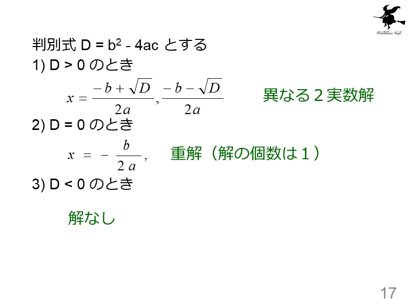 判別式 D = b2 - 4ac とする
1) D > 0 のとき
      ...