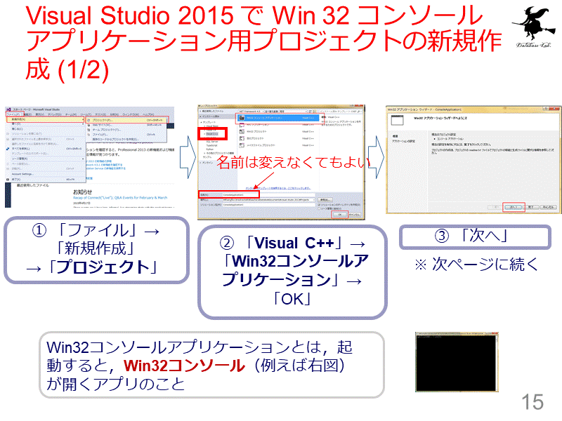 Visual Studio 2015 で Win 32 コンソールアプリケーション用プロジェクトの新規作成 (1/2)
