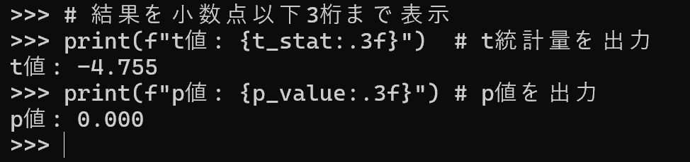t検定の実行結果