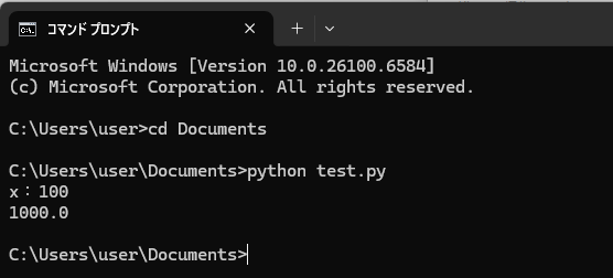 pythonコマンドでプログラムを実行した画面