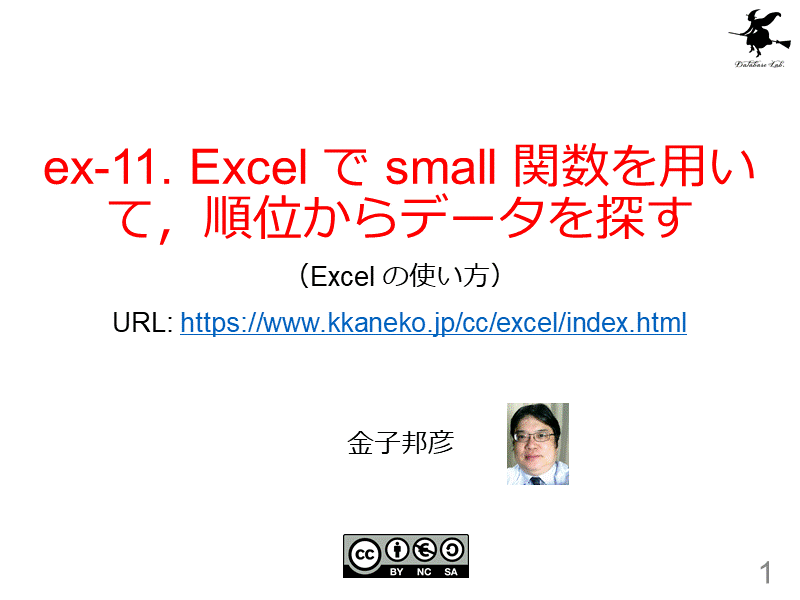 ex-11. Excel で small 関数を用いて，順位からデータを探す