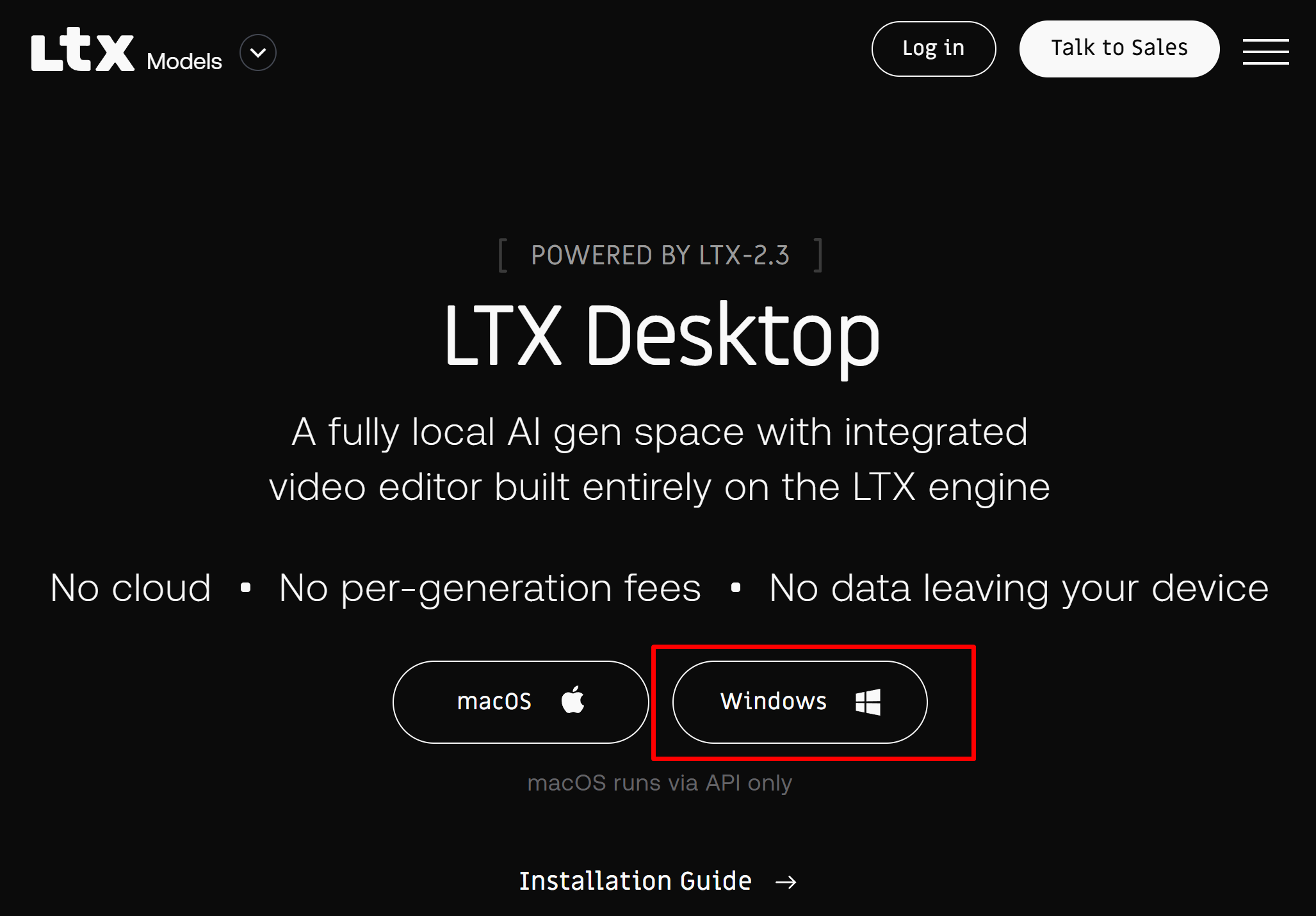 LTX Desktop 公式サイトのダウンロード画面。Windows ボタンを選択