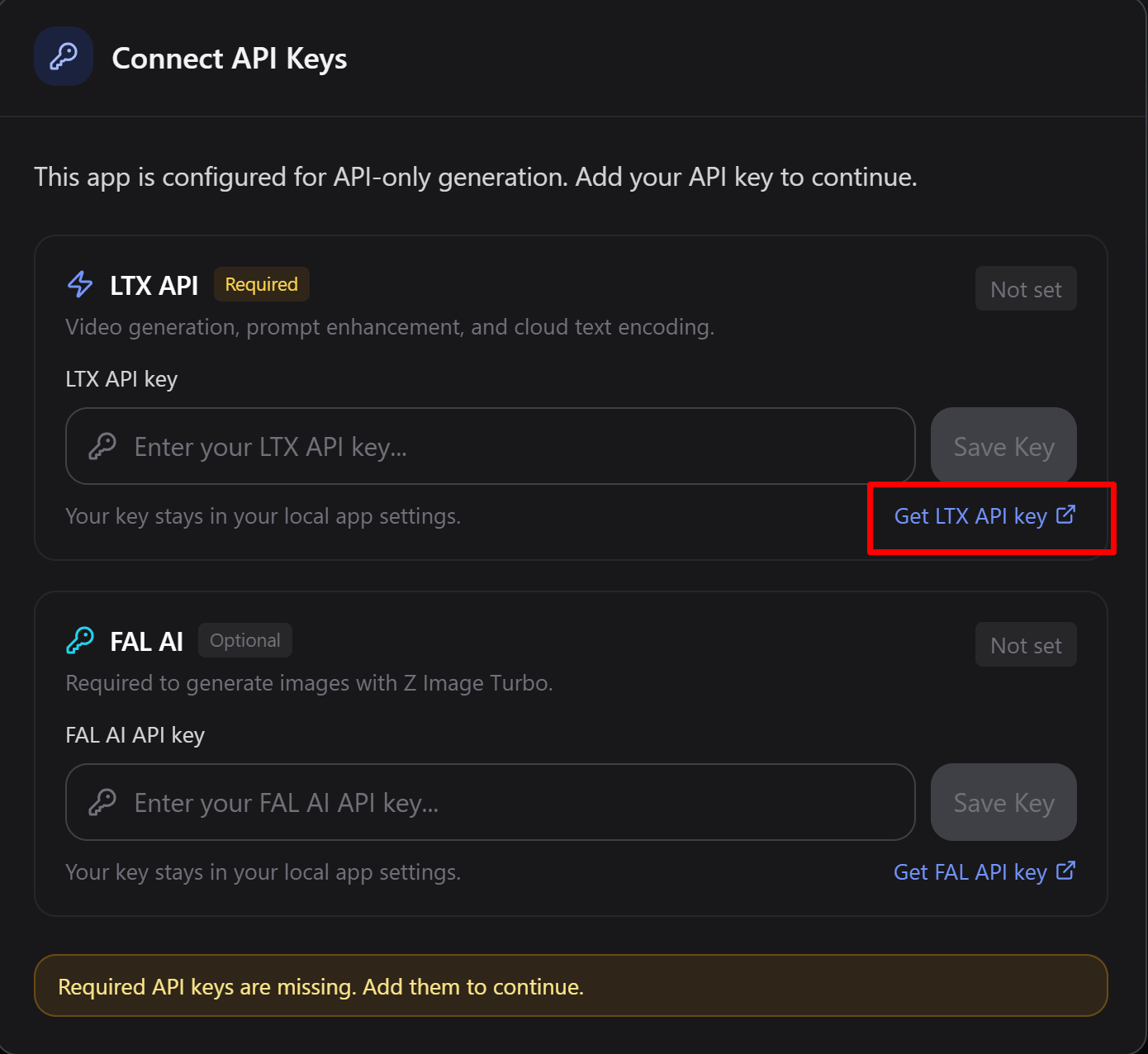 API キー接続画面。Get LTX API key を選択