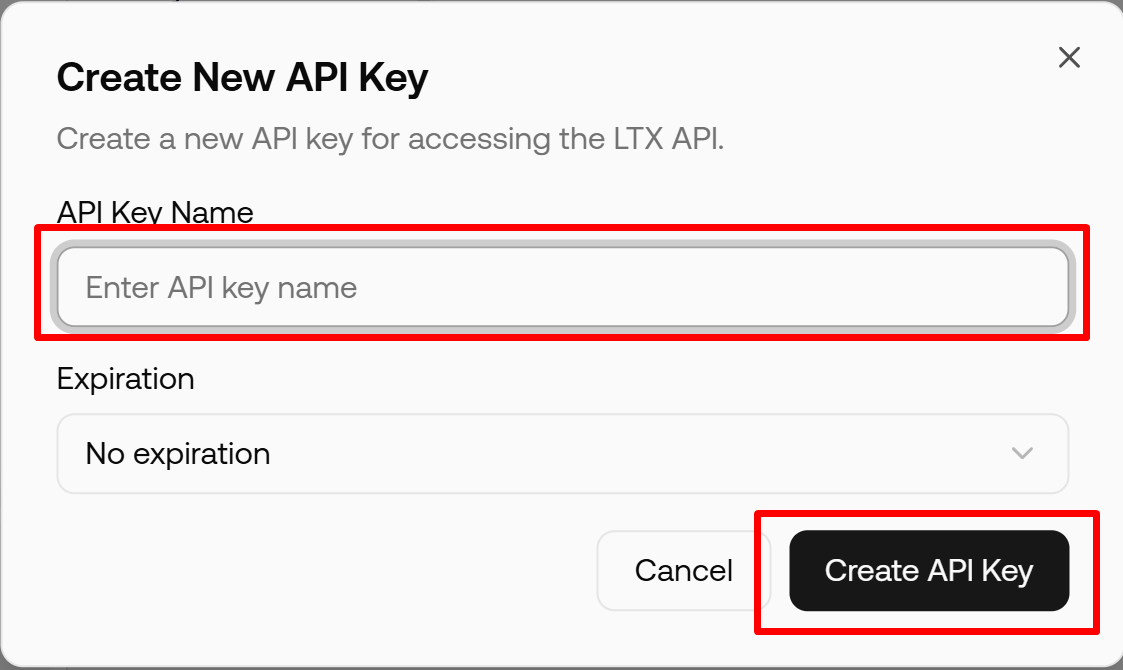 新規 API キー作成ダイアログ