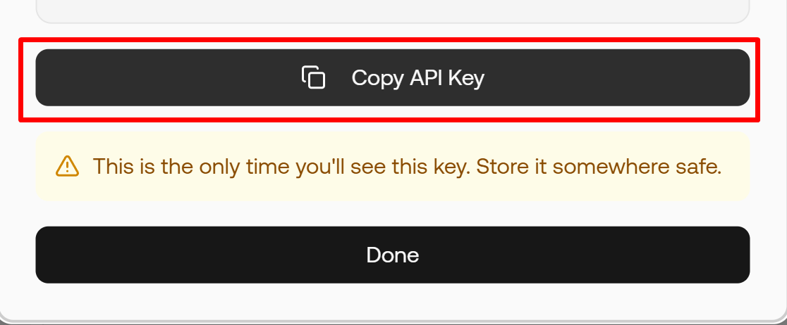 API キーのコピー画面。一度きりの表示に注意