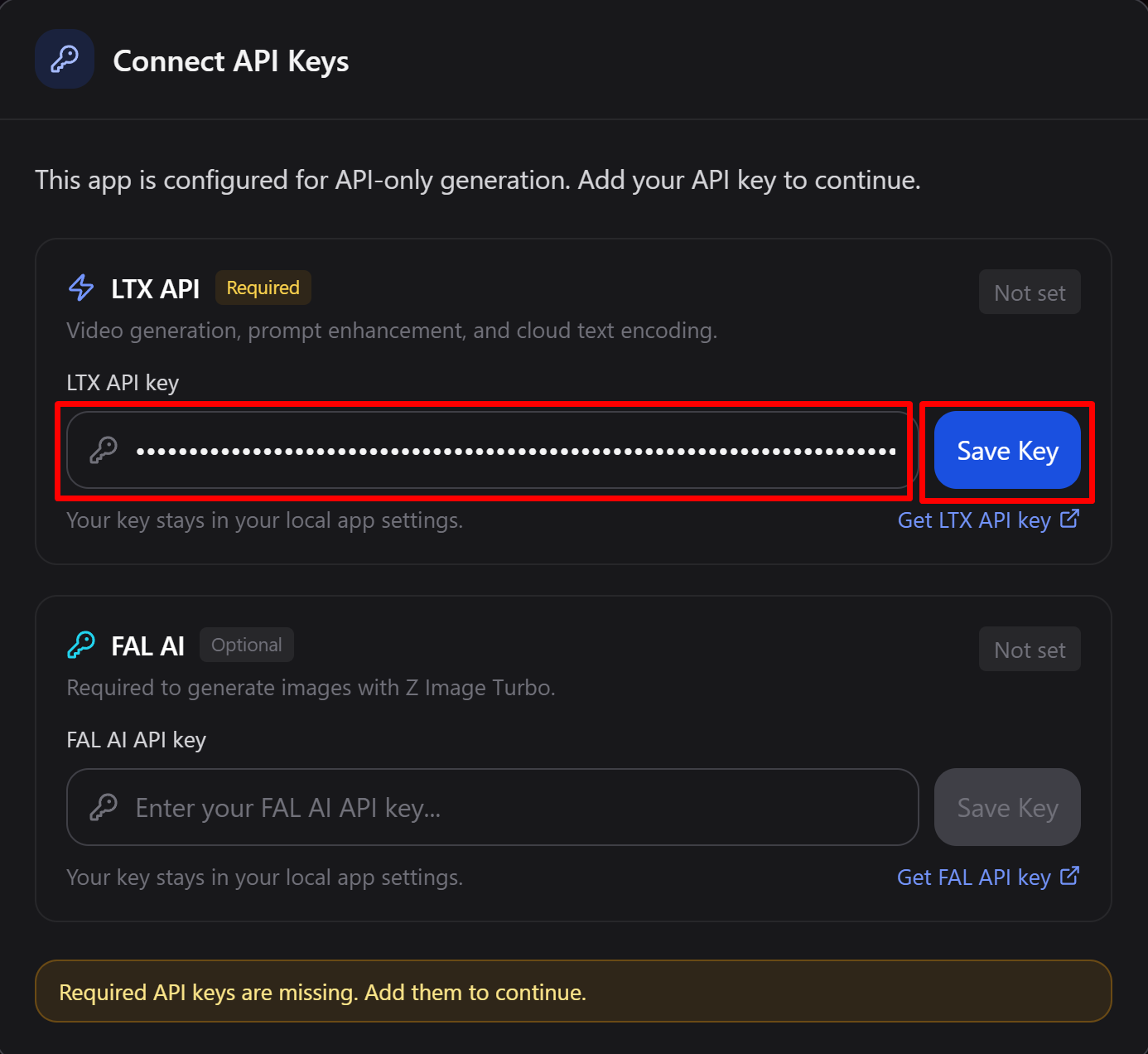 LTX API キーを入力し Save Key で保存