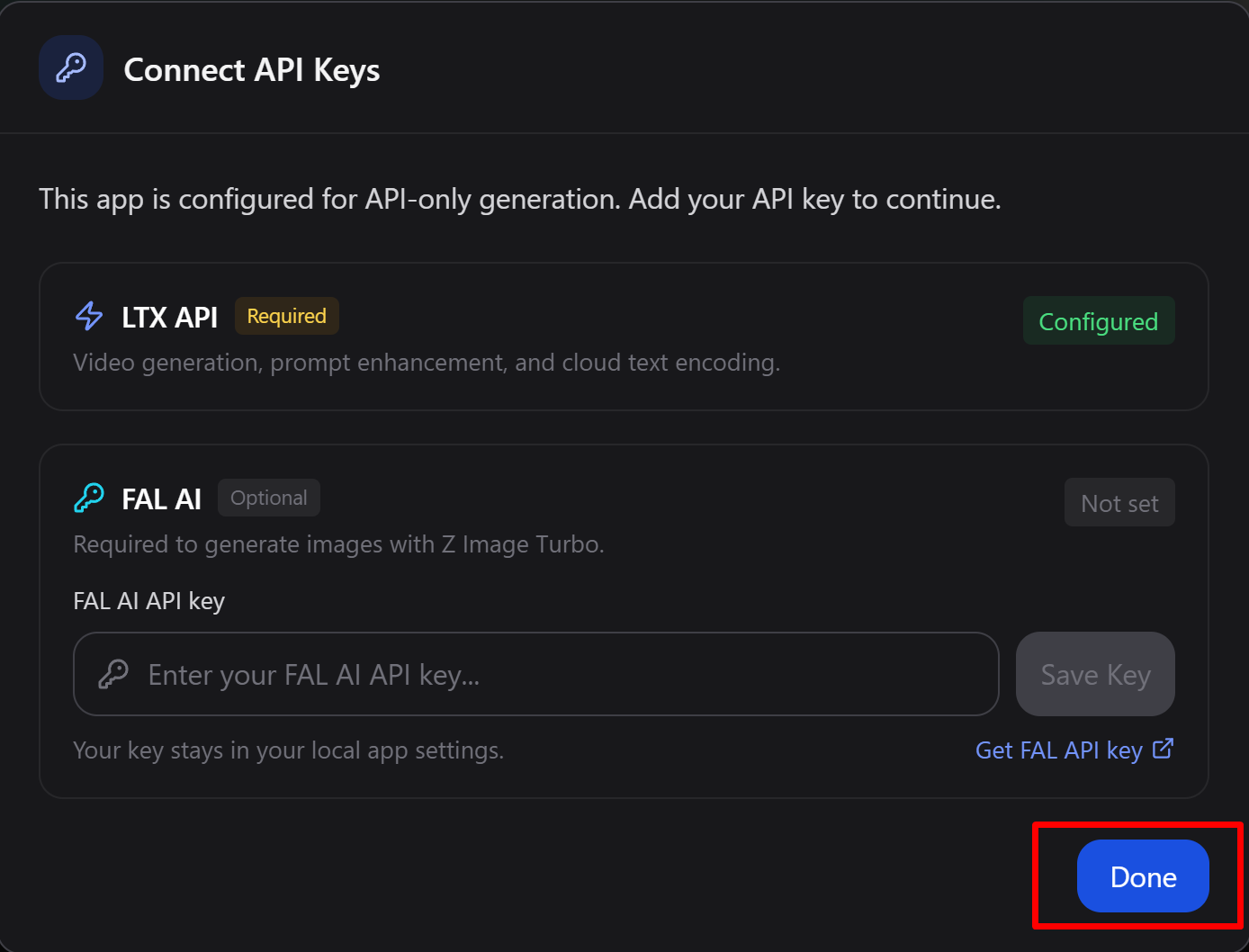 API キー接続画面。LTX API が Configured 表示。Done で完了