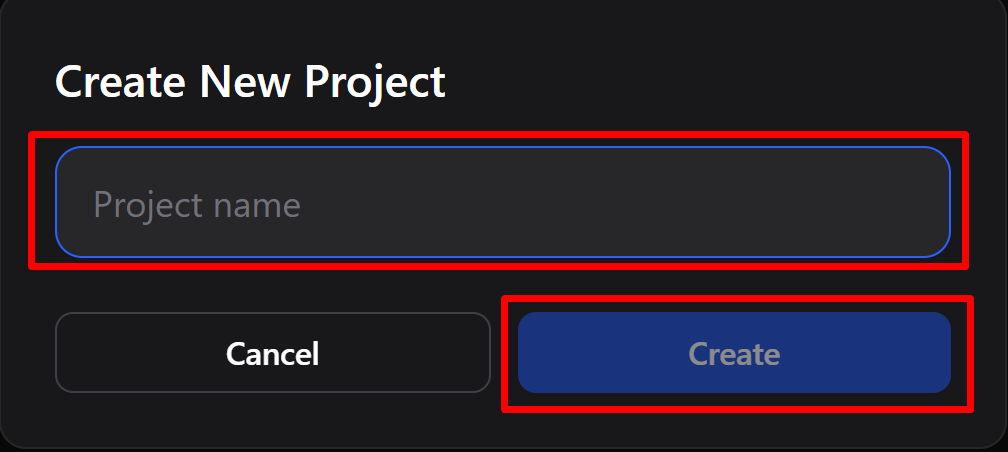 新規プロジェクト作成ダイアログ。プロジェクト名を入力して Create