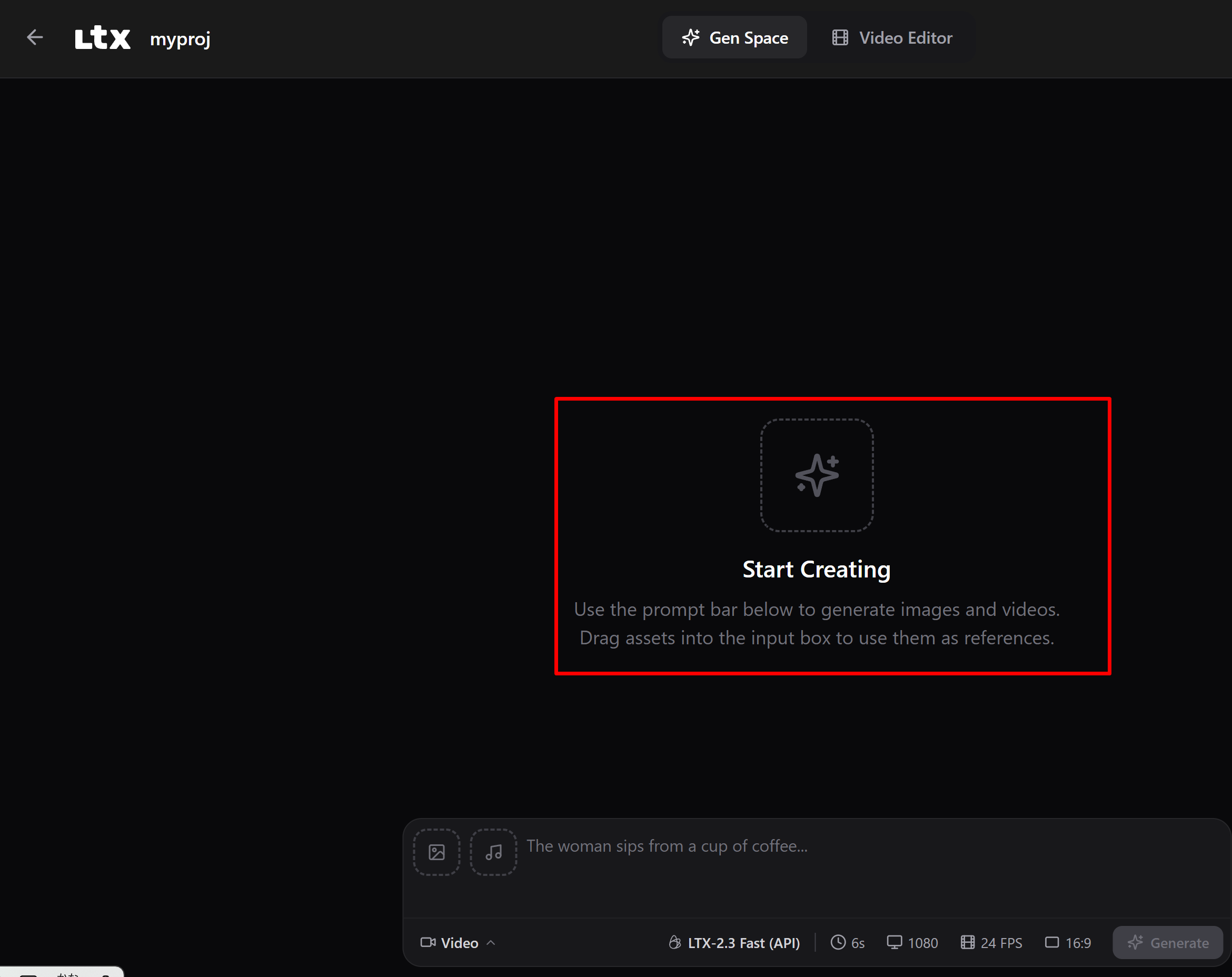 Gen Space 画面。プロンプトを入力し Generate で動画生成