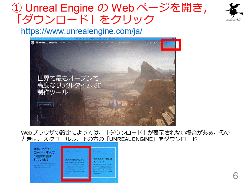 ① Unreal Engine の Web ページを開き，「ダウンロード」をクリック