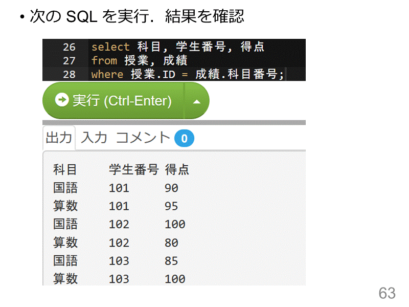 次の SQL を実行．結果を確認