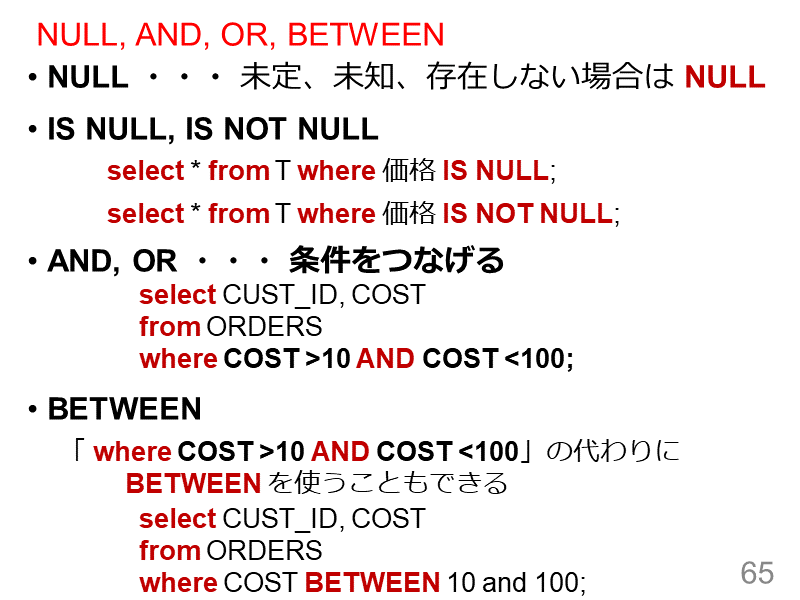 NULL, AND, OR, BETWEEN