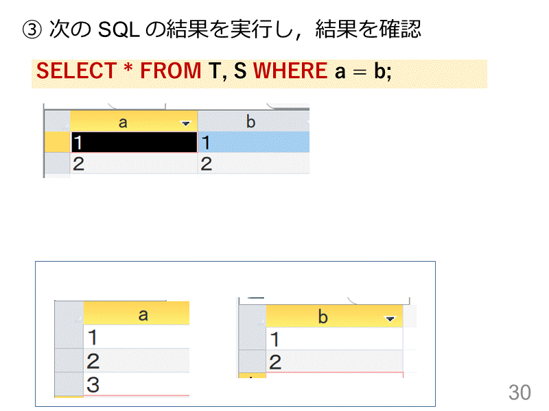 ③ 次の SQL の結果を実行し，結果を確認
