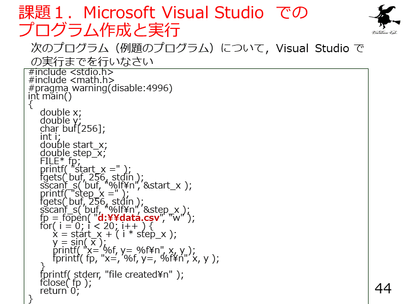 課題１．Microsoft Visual Studio  でのプログラム作成と実行