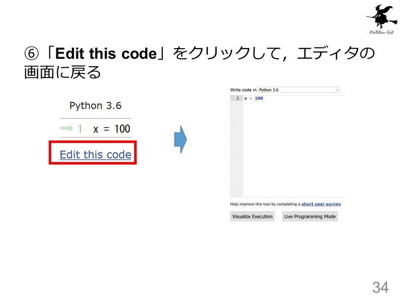 ⑥「Edit this code」をクリックして，エディタの画面に戻る


