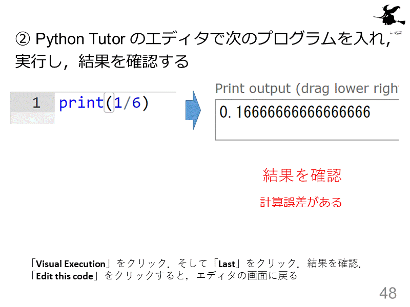 ② Python Tutor のエディタで次のプログラムを入れ，実行し，結果を確...