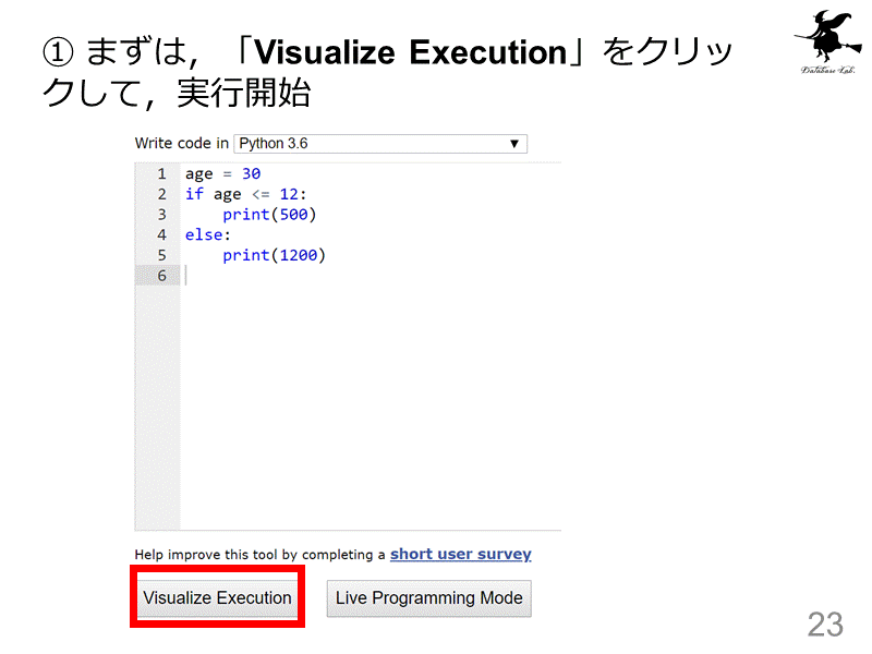 ① まずは，「Visualize Execution」をクリックして，実行開始