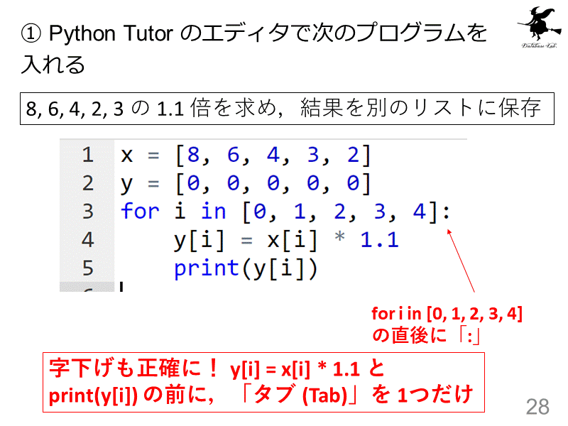 ① Python Tutor のエディタで次のプログラムを入れる