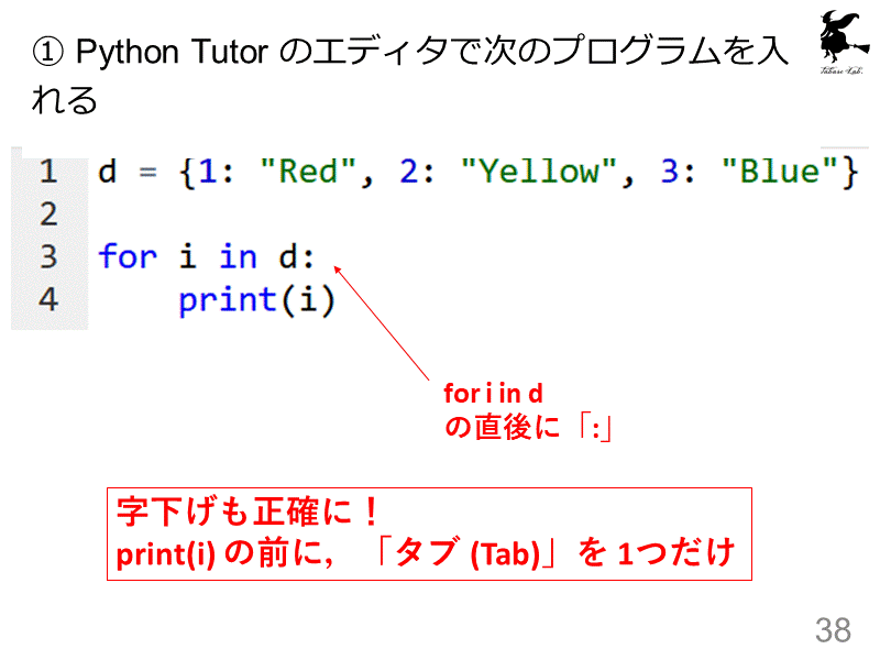 ① Python Tutor のエディタで次のプログラムを入れる