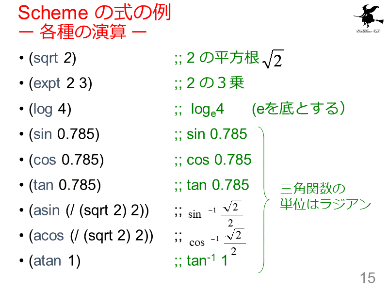Scheme の式の例ー 各種の演算 ー