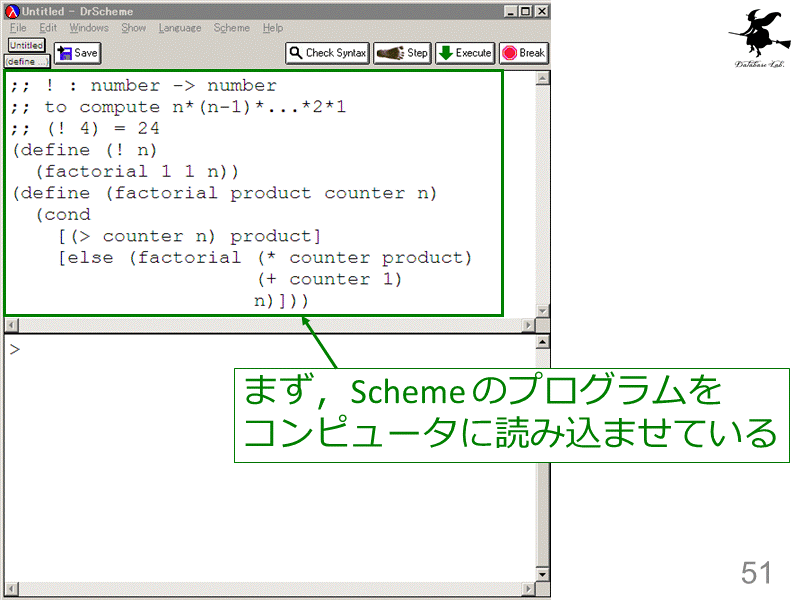 まず，Scheme のプログラムを
コンピュータに読み込ませている