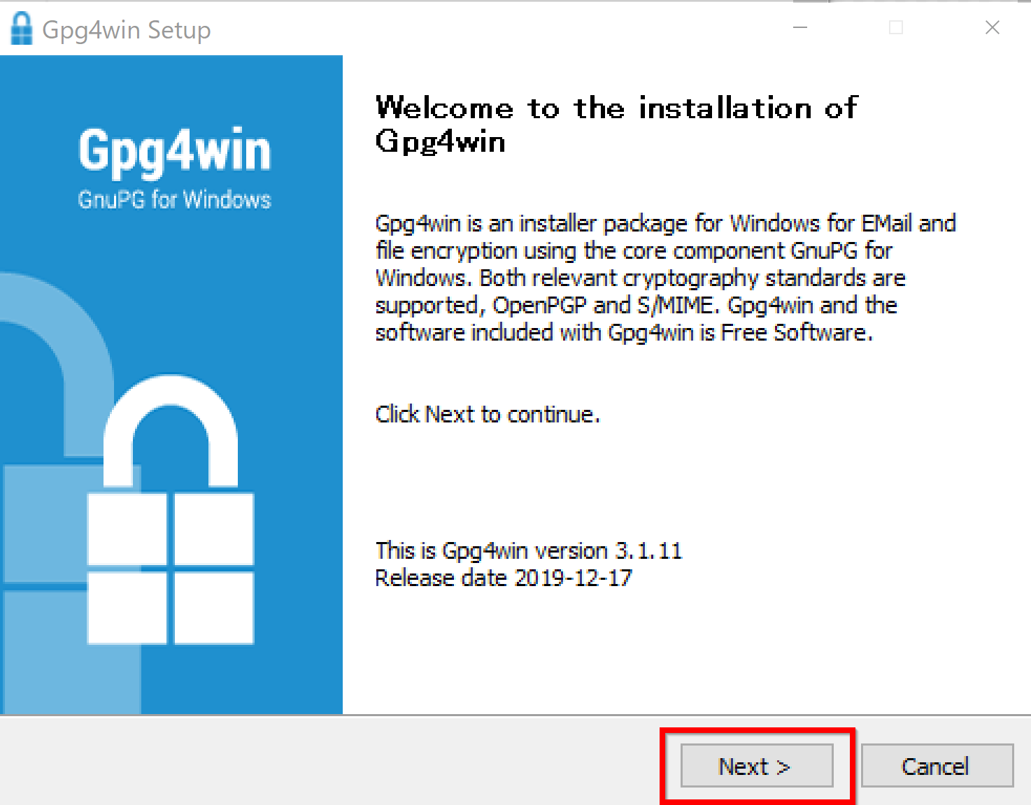 programma di installazione di Windows gpg